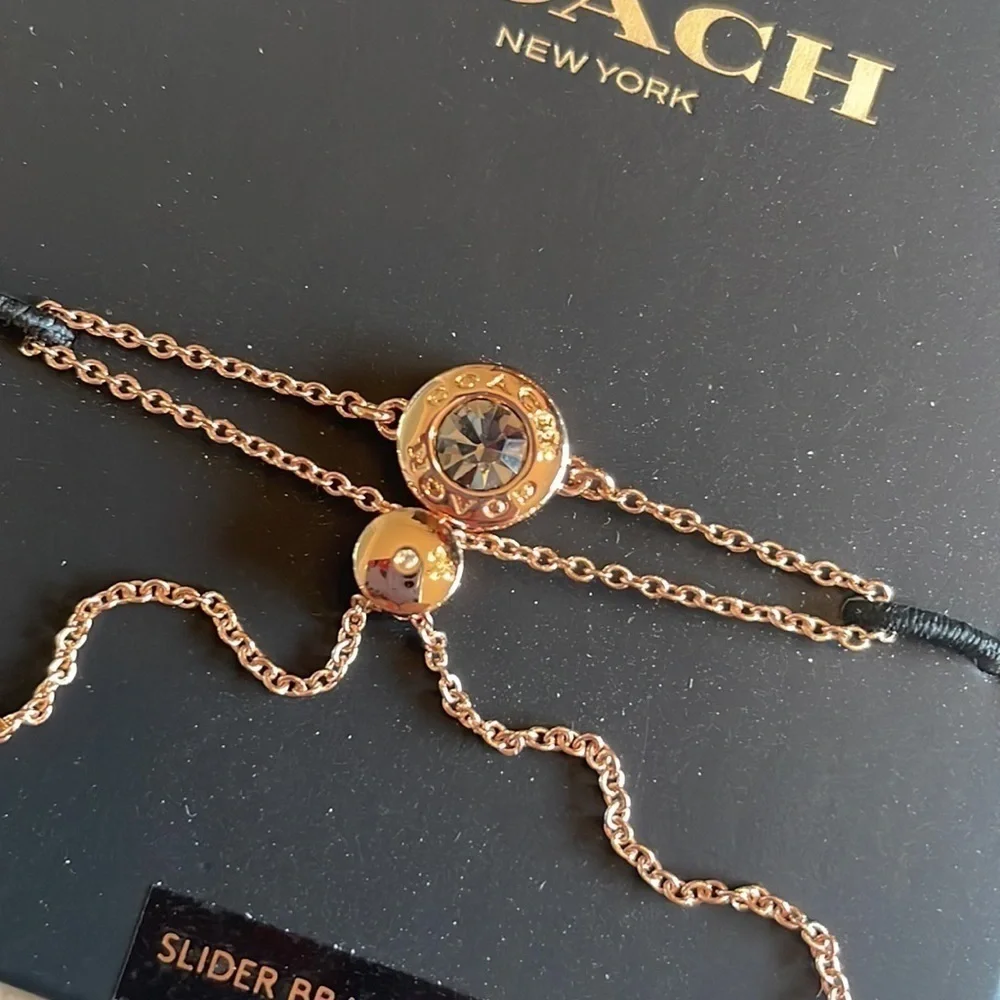 Brand New Coach Open Circle Slider Bracelet Rose Gold Glass Stone
